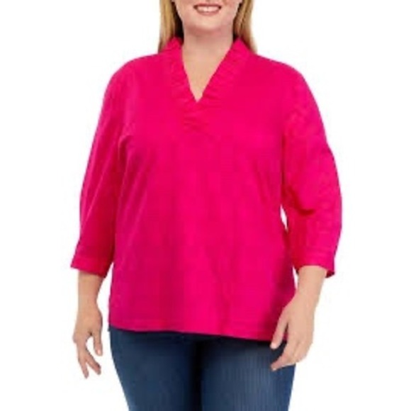 Crown & Ivy Ruffle Neck Top 3/4‎ Sleeve Blouse Hot Pink Plus Size XL - Picture 1 of 4